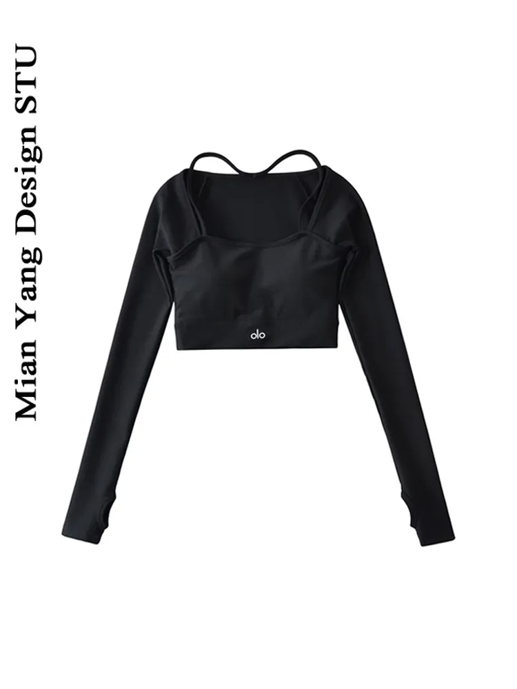 

Long Sve Yoga Top Women's Sports Fitn Training Crop Top Running T-irt with Chest Pad Hot Girl Sle Spring Season