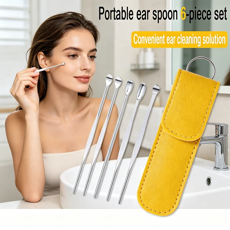 6pcs Stainless Steel Ear pick cleaning kit Spiral Rotating EarPicking Spoon Ear Picker Spoon For Cleaning Collecting Ear Wax