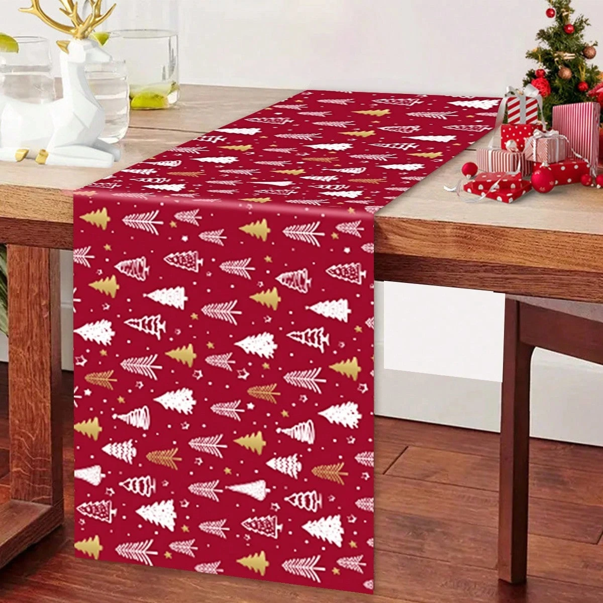 JIT 1pc Christmas Tree Red Polyester Table Runner 2D Flat Print Festive Home Decor Dining Table Decoration Winter Charming