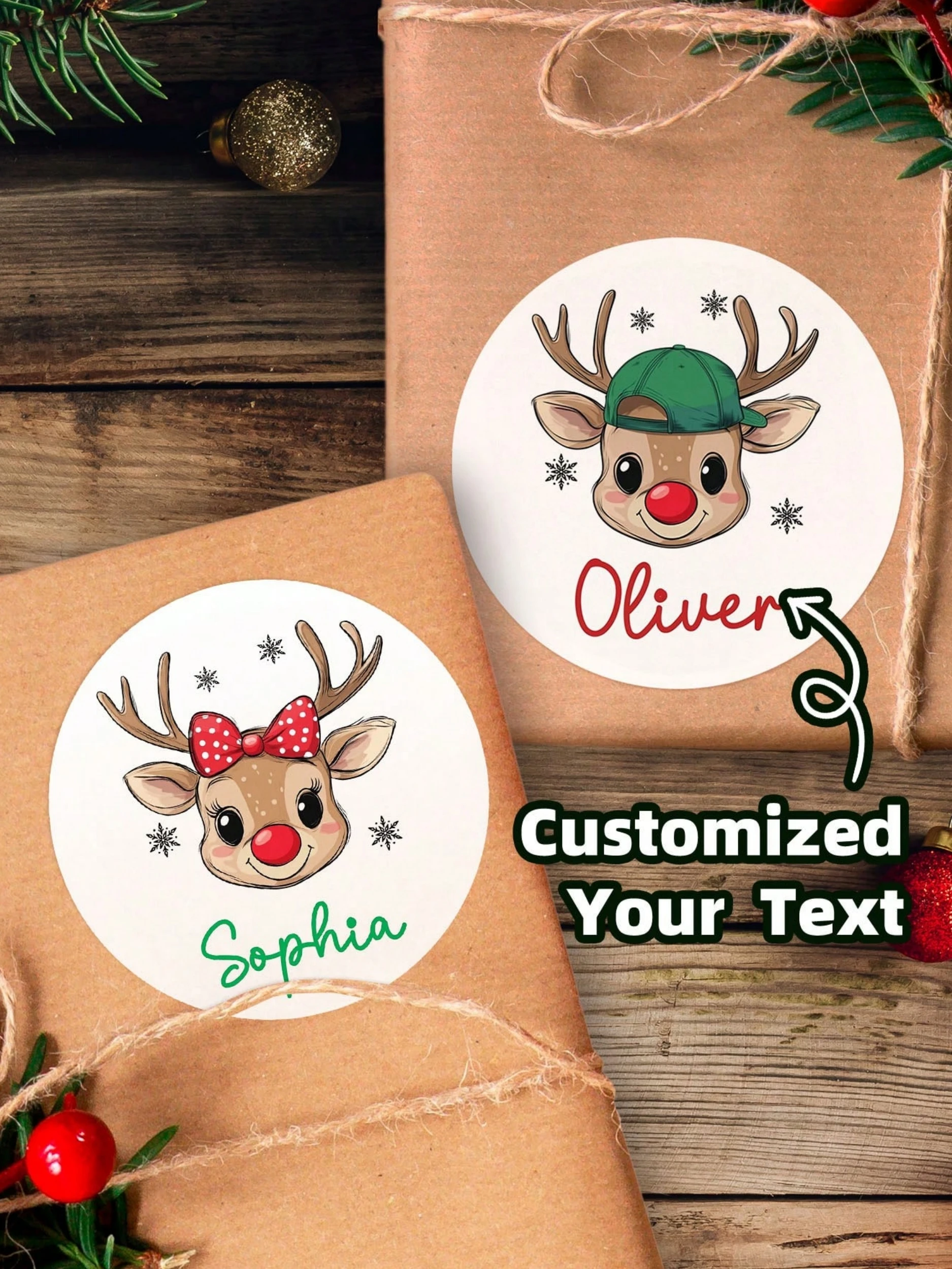 ملصق عيد الميلاد الشخصي 3-8 سم، ملصقات اسم عيد الميلاد المخصصة، ملصقات أسماء دائرية نصية مخصصة، علامات الأيائل المخصصة