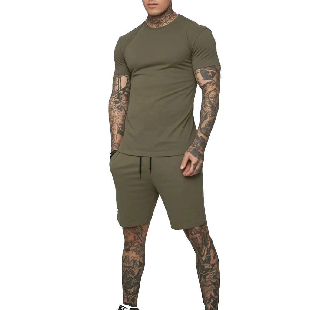 2025European and American Summer Men's Short Sleeved Shorts Set 2-piece Breathable Sports Set Solid Color T-shirt+cropped Shorts