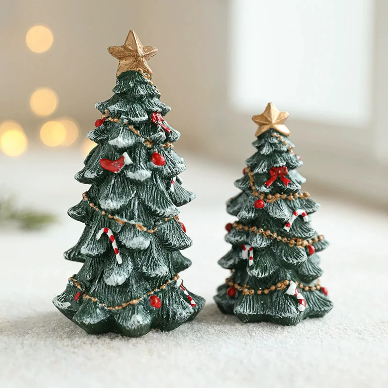 Green Small Snow Tree Christmas Resin Tabletop Decoration Mini Festive Figurine Snowy Ornament for Holiday Arrangements Gifts