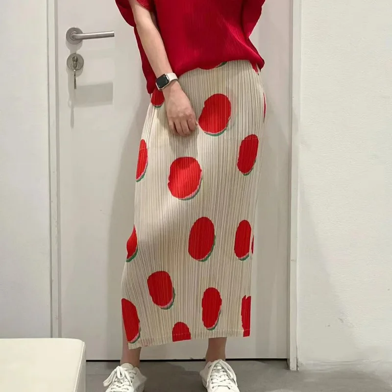 

Miyake Pleated Slim Fit Split Half Skirt 2024 Summer New Straight Skirt Style Mid Length Printed Wrapped Hip Skirt