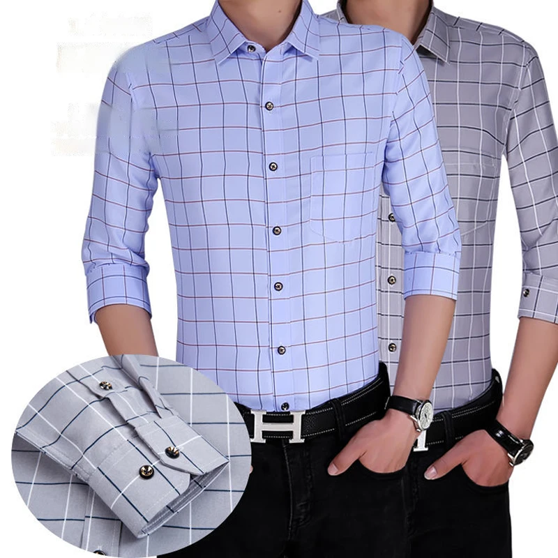 Camisa fina estampada de manga comprida masculina coreana slim fit camisa xadrez casual camisas de vestido de negócios moda listrada streetwear tops