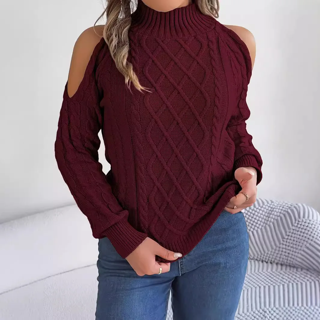 Women Autumn Winter Casual Twist Off Shoulder Hollow Out Semi-turtleneck Long-sleeved Pullover Sweater Knitwear