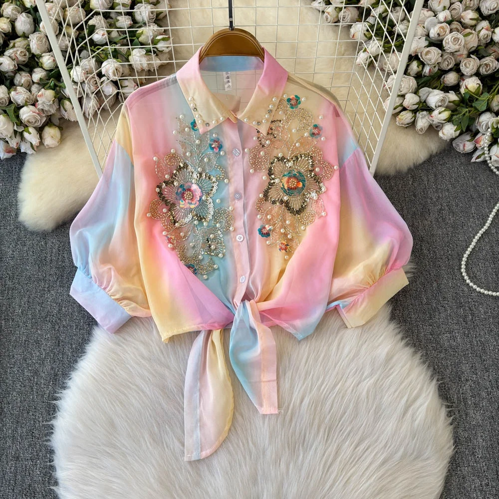 

Clothland Women Sweet Beading Sequined Blouse Bow Tie Shiny Shirt Female Oversized Rainbow Tops Blusa LB271