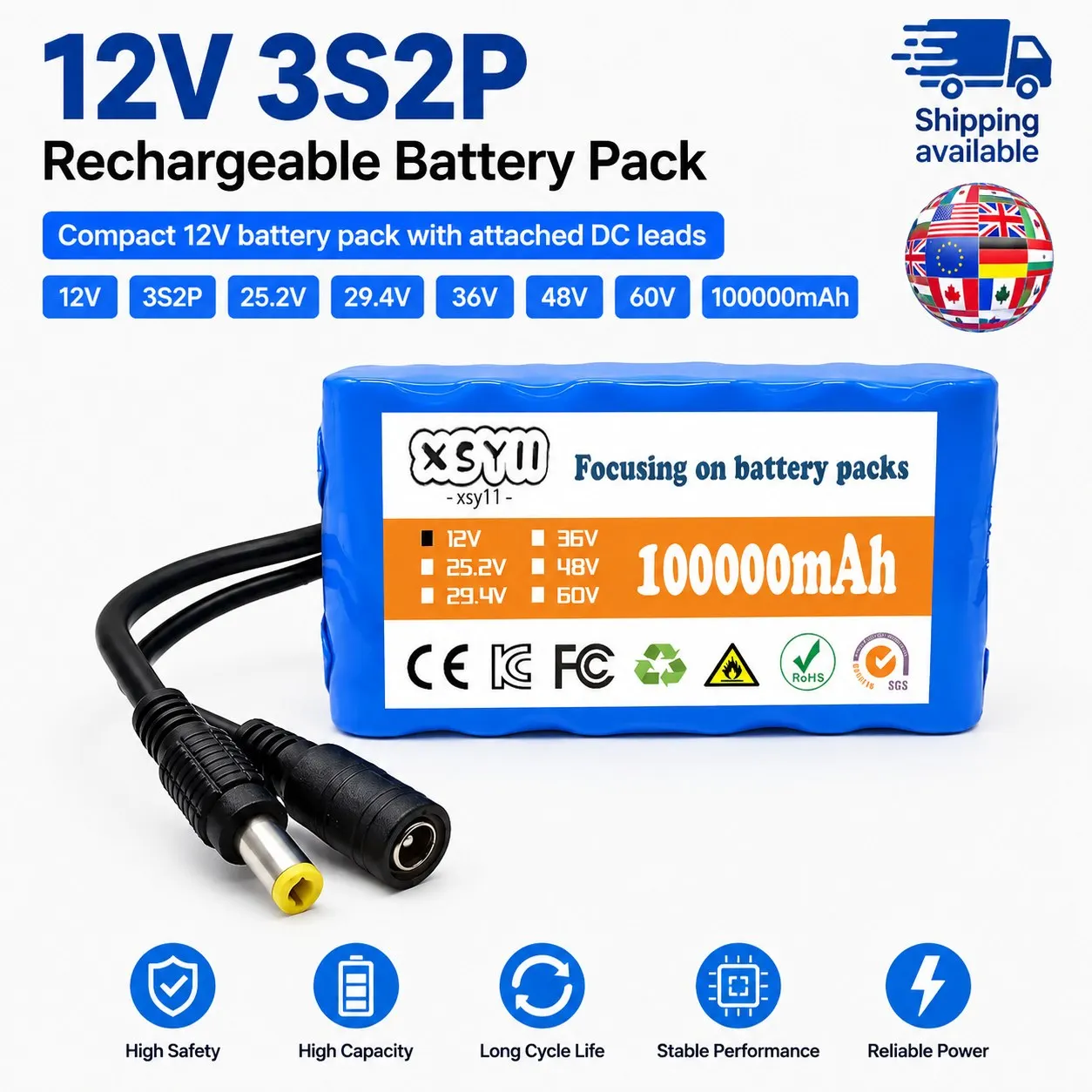 12V 3S2P 100Ah Li-Ion Rechargeable Battery Pack Unit for E Bike Scooter Repair Power Supply DIY Projects 1 2 3 Packs