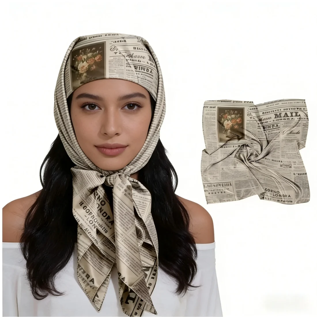 

35" Lightweight Breathable Vintage Newspaper Headscarf, Soft Head Wrap for Women Outdoor Beach Travel