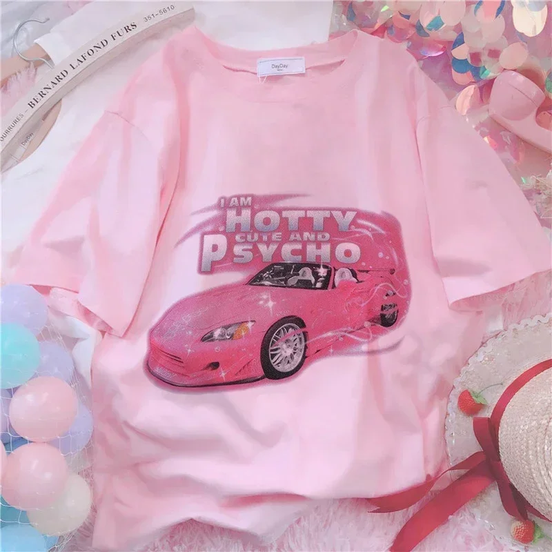 Cherry Kawaii Print T-shirt Women Clothes Harajuku Aesthetics Pink Tops Tshirt Kpop 2024 New Summer Fashion Y2k Female T Shirt