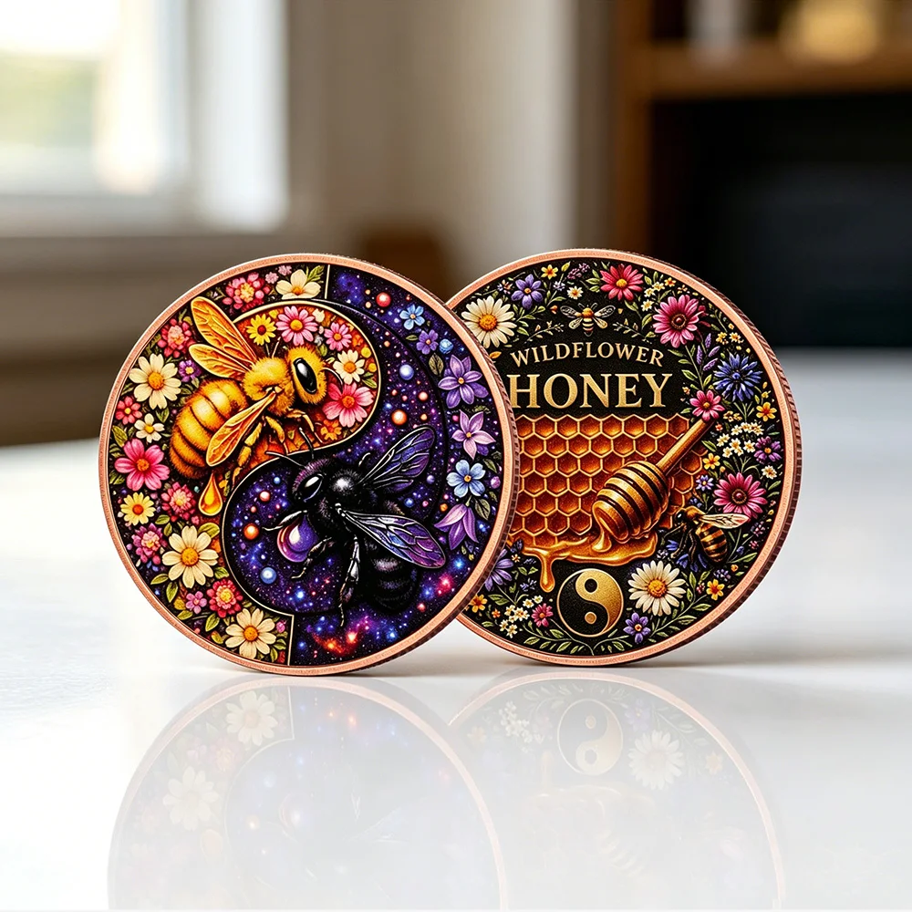 Yin-Yang Bee Coin Copper Coin Wildflower Honey Design  with Protective Case Unique Art Coins Birthday Gift