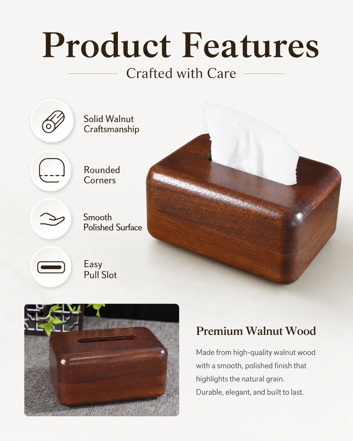 QA Walnut Wood Tissue Box Cover with Lid, Wooden Tissue Holder for Home Living Room Bathroom Desk, Rustic Napkin Storage Case
