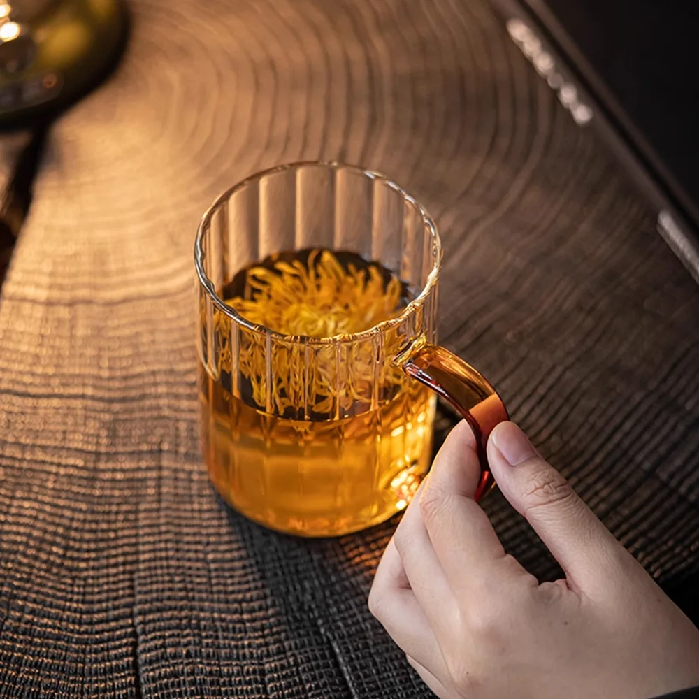 Pige Home 400ml Simple Heat-Resistant Vertical Ribbed Glass Cup With Handle Vertical Stripe Glass Mugs