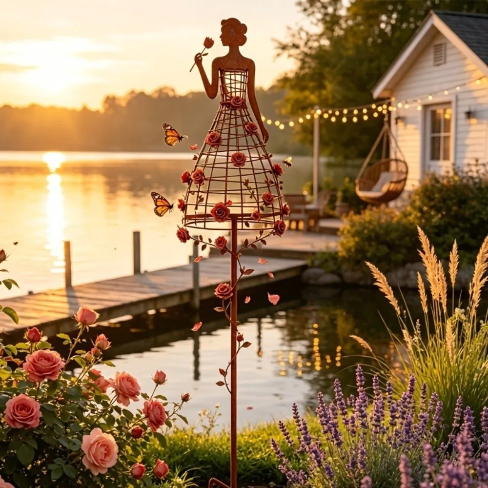 Rustic Metal Dress Lady Shape Plant Trellis Iron Art Weather Resistant Dress Figure Plant Support Thickened Rusted Finish
