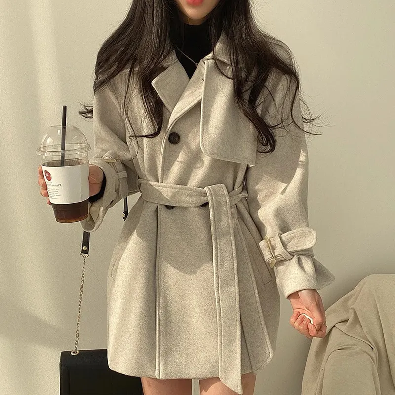 Fall-Winter Women's Chic Retro Minimalist Notched Lapel Single Breasted Self-Tie Waist Versatile Long Sleeve Wool Ropa Mujer