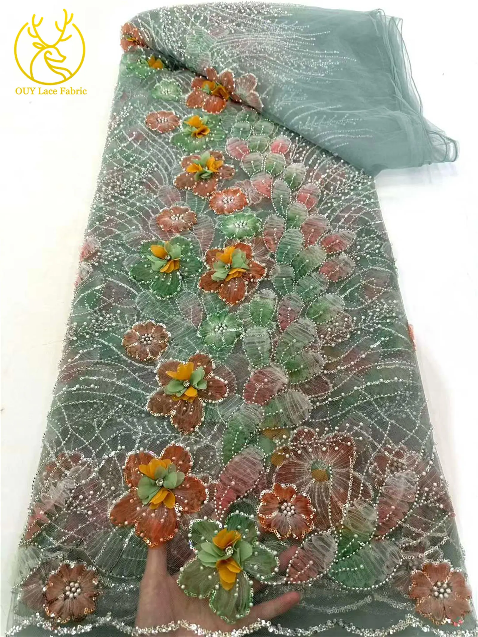 3D-Mesh-Blumen Silber Perlenbesetzter Hochzeitskleid-Spitzenstoff 2026 Afrikanische Französische Pailletten-Stickerei Tüll für Brautparty-Näharbeiten – Detail 13