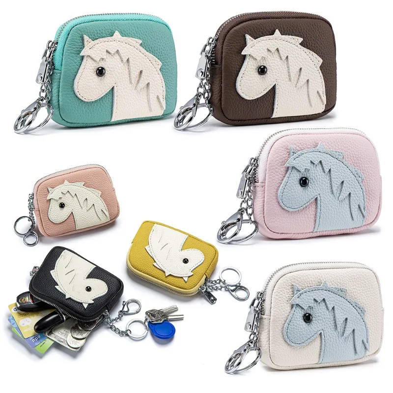 Women Genuine Leather Mini Zipper Pouch Cute Horse Design Key Ring Wallet for Coins Credit Cards Lipstick Cartoon Kids Wallet