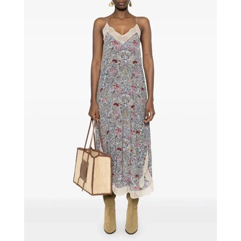 Zadig Skull Flower Dress Women Casual Powder Blue Dresses Female Lace V-Neck Halter Dress Ladies Side Split Robes Backless Jupes