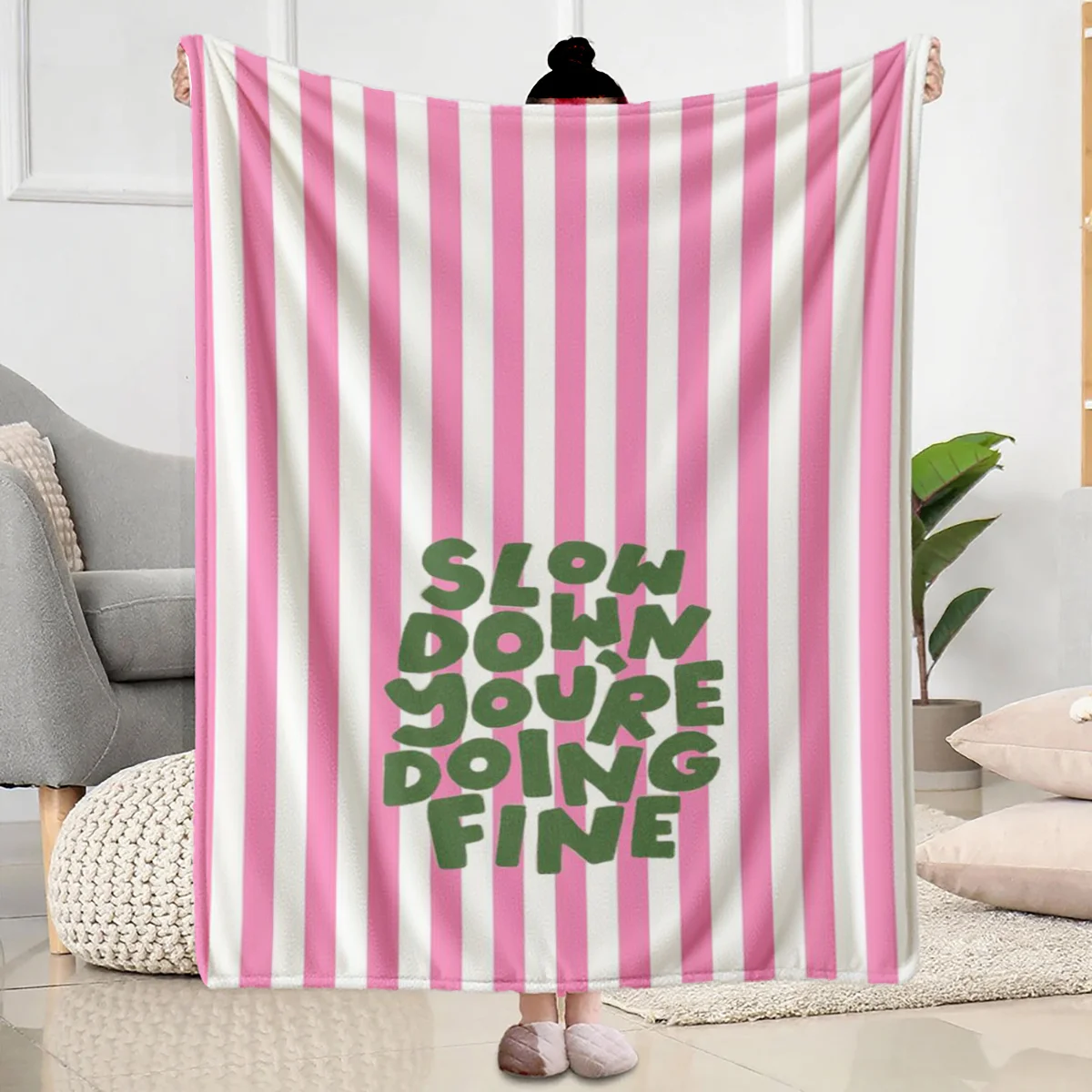 Pink White Stripe Flannel Blanket Slow Down You're Doing Fine Quote Throw Soft Lightweight Sofa Bed Decor Blanket for Bedroom