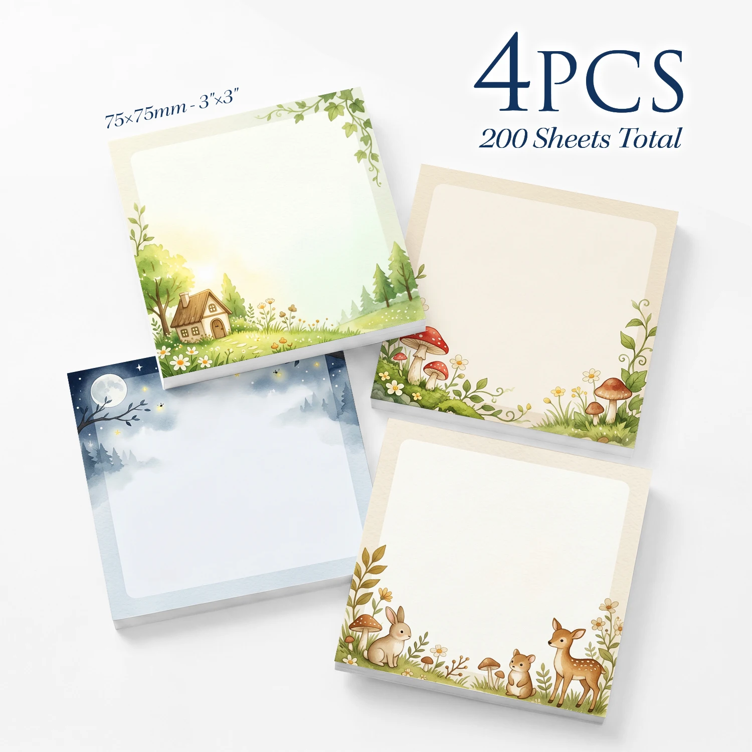 4pcs Woodland Animal Sticky Notes Set, Forest Deer Rabbit Mushroom Self Stick Memo Pads, 200 Sheets Total, Cute Nature Notepads