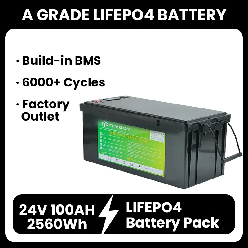 LiFePO4 24V 100Ah LiFePO4 Battery Pack 2560Wh 12V 300Ah 200Ah 150Ah 48V Lithium Grade A 6000+ Cycles RV Boat Solar Battery EU UA