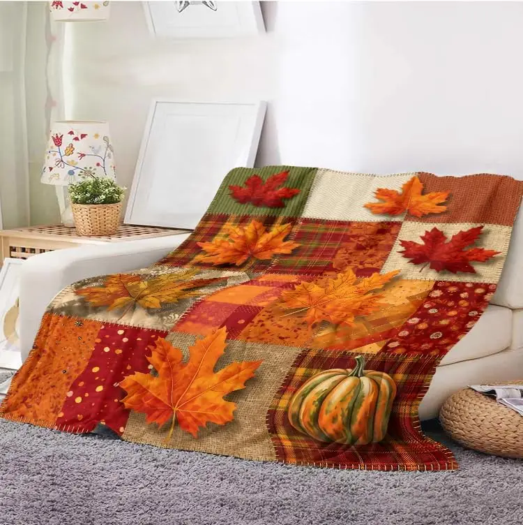Fall Blanket Autumn Throw Blanket Rustic Patchwork Maple Leaves Pumpkin Fleece Flannel Blankets for Couch Sofa Bed Farmhouse Thanksgiving Decor Cozy Lightweight Warm Throw 50