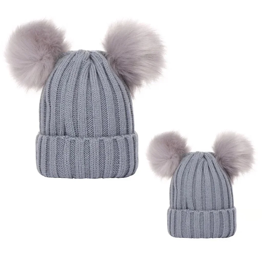 

2 Set Parent-Child Hat Autumn And Winter Threaded Baby Pullover Hat Double Wool Ball Knitted Hat Pullover