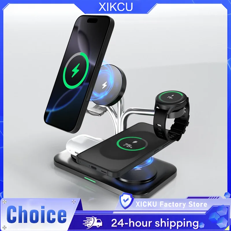 

Магнитное беспроводное зарядное устройство 5-в-1 для быстрой зарядки двух телефонов и часов (для iPhone 17~12, Samsung, Apple/Galaxy Watch, AirPods Pro/Buds)