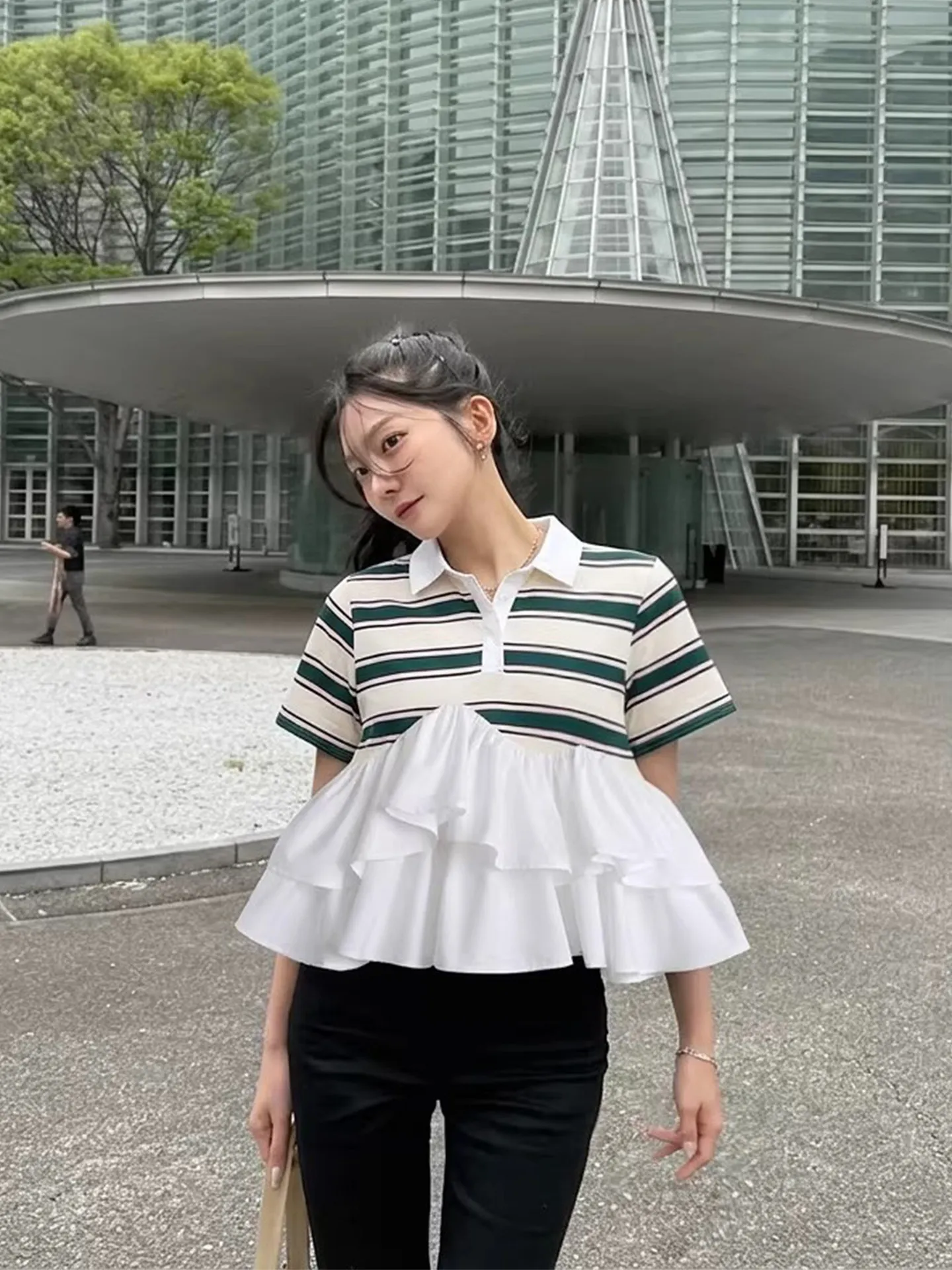 

Clothland Women Elegant Striped Shirt Polo Neck Short Sleeve Ruffled Blouse Female Fashion Chic Tops Mujer DA632