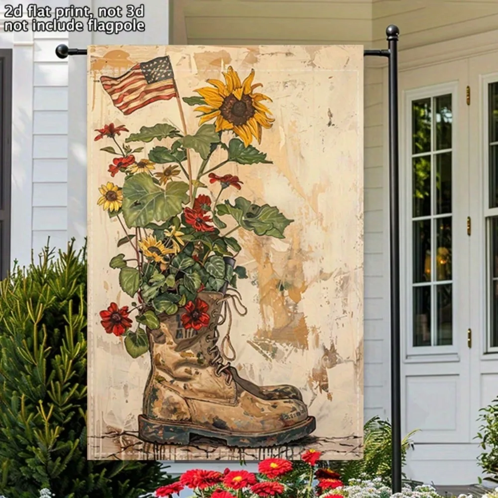 

1 18x20 inch double-sided patriotic garden flag 2D flat printed combat boot sunflower daisy