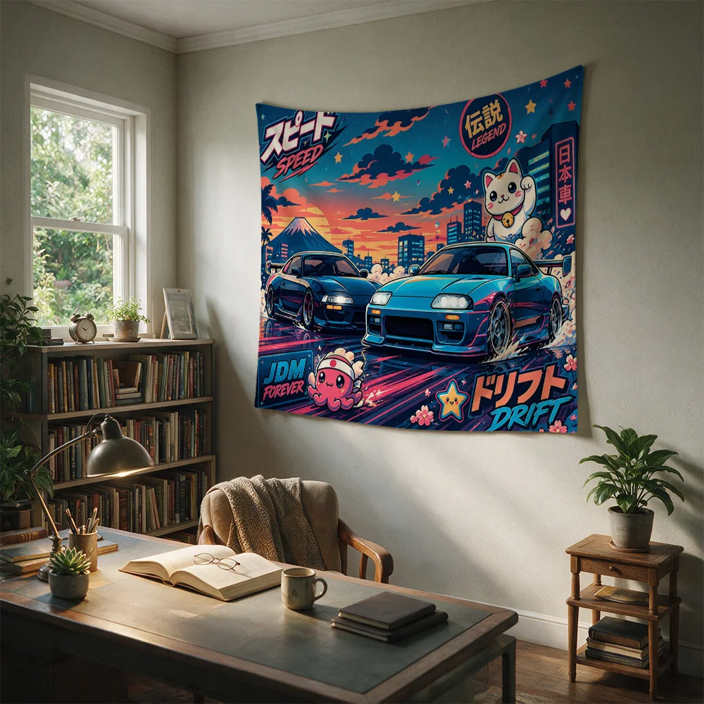 Japanese Drift Car Show Speed Legend Anime Style Wall Tapestry for Man Cave Garage Decor