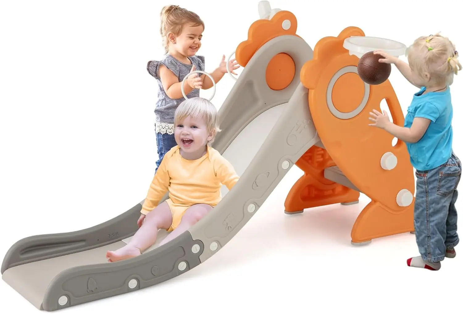 

Toddler Slide for Kids, 4 in 1 Indoor Foldable Kids Slide w/Climber, Basketball Hoop & Ring Toss, Folding Climber Playset Baby F