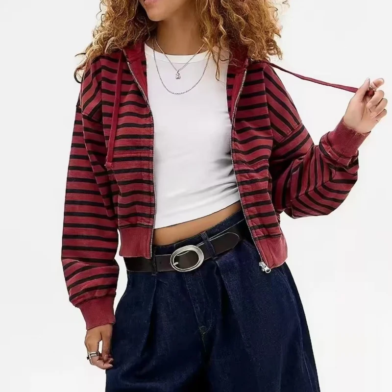 Immagine 4: Felpa con cappuccio a righe rosse e nere, stile vintage, con zip intera, da donna e da uomo, estetica Y2K, giacca corta e ampia con cappuccio, streetwear, felpa a maniche lunghe.