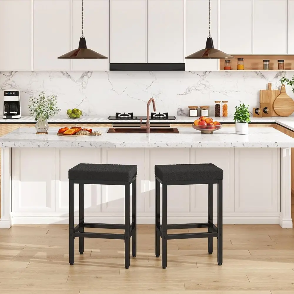 Pair of 26 Black Modern Counter Height Bar Stools with Metal Legs for Kitchen Island and Living Room