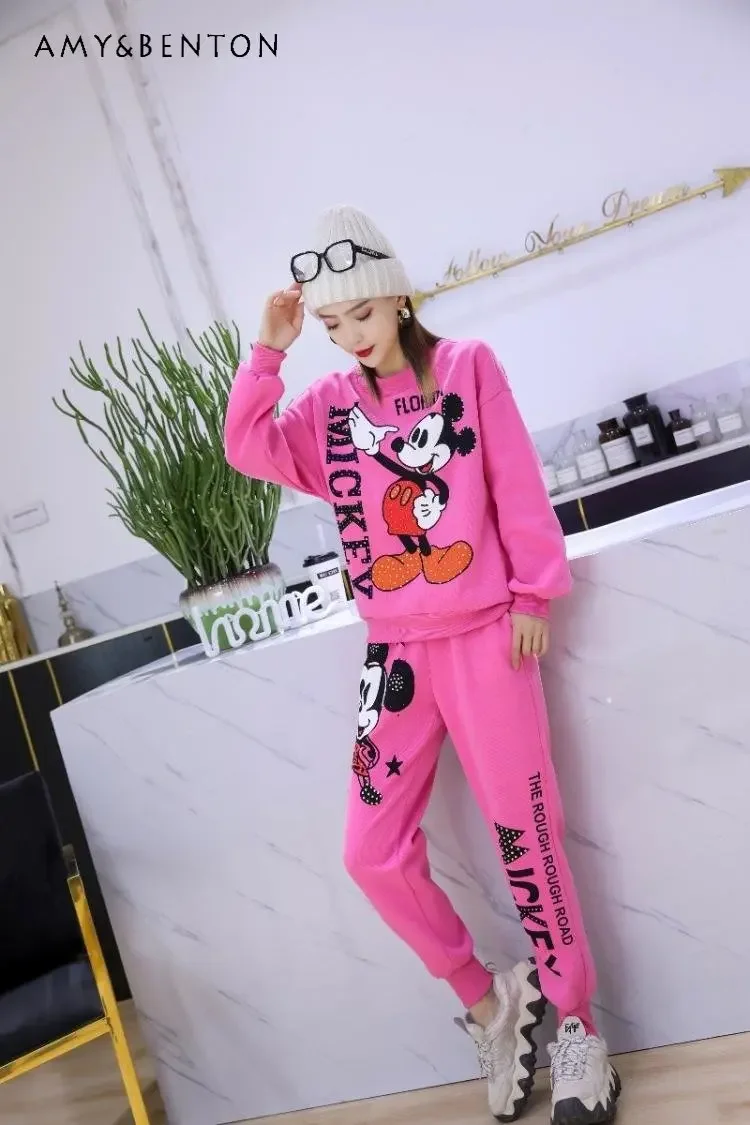 Winter New Sportswear Suit Women Loose Slimming And Velvet Padded Thickened Diamond-Embedded sweatshirt Two-Piece Suit