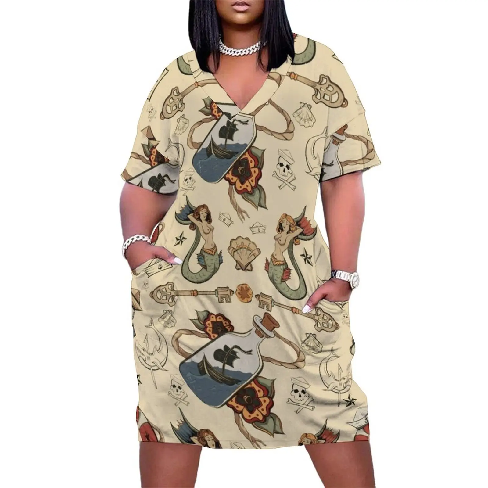 

Sea Tattoo Repeating Pattern Loose Pocket Dress prom dress dresses for womens dresses korean style