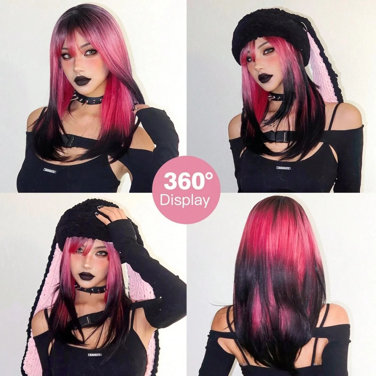 Allbell Magique Roze Zwart Ombre Pruik Lange Gelaagde Rechte Synthetische Pruik Met Pony Gradiënt Natuurlijke Party Cosplay Pruik Voor Vrouwen