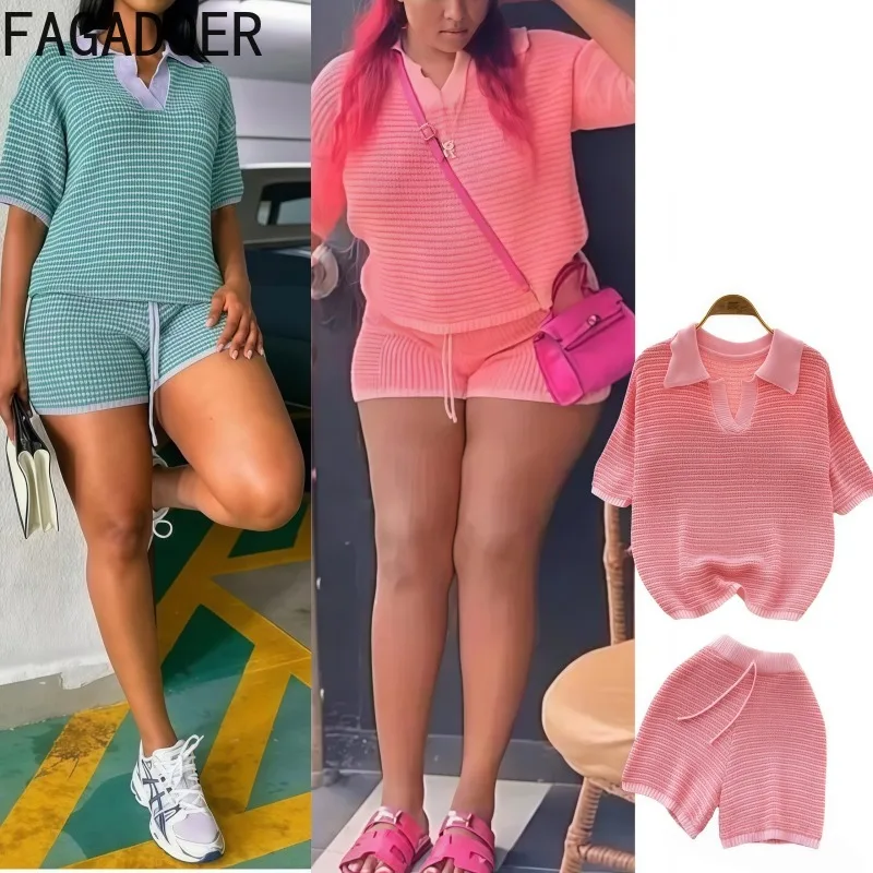 FAGADOER Y2k Sweet Fashion Knit 2 Piece Sets Woman Outfit Hollow Out Short Sleeve Crop Top and Shorts Outfit Female Streetwear