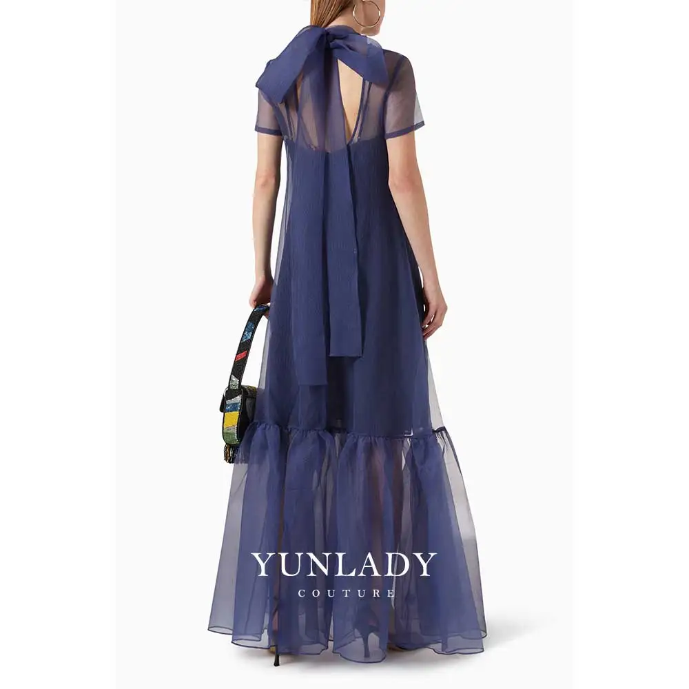 YUNLAN Gorgeous Dubai Mommy Wear Navy Blue Formal Evening Dress 2024 Saudi Wedding Guest Elegant Ruffled Organza Party Dress