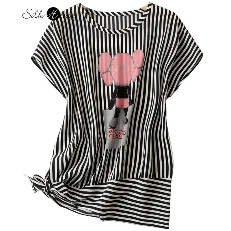 Summer Silk Round Neck Top Women's Fashion Raglan Short Sleeve Loose Silkworm Stripe Print Shirt Design