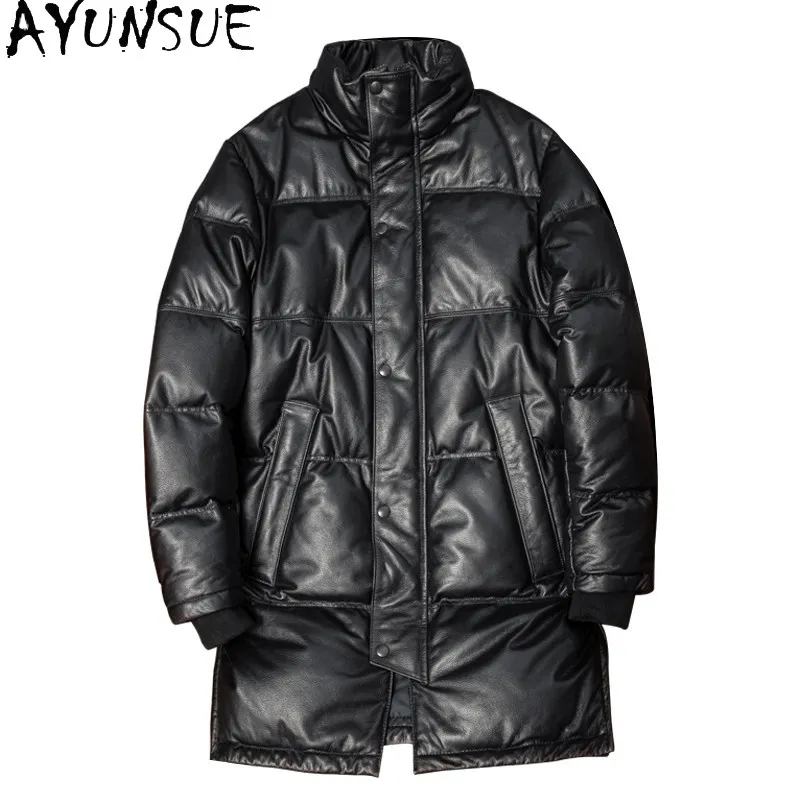 

AYUNSUE New Thickened Long Down Coat Men Genuine Cowhide Leather Jacket Stand Collar Windproof Warm 6XL Size Real Leather Puffer
