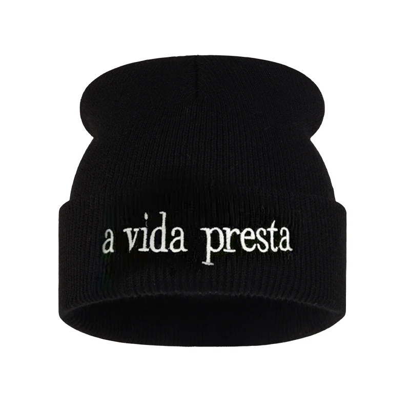 Adult A Vida Presta Letter Embroidered Beanie Soft Thermal Knitted Hat Daily Travel Headwear Thanksgiving New Year Festival Pres