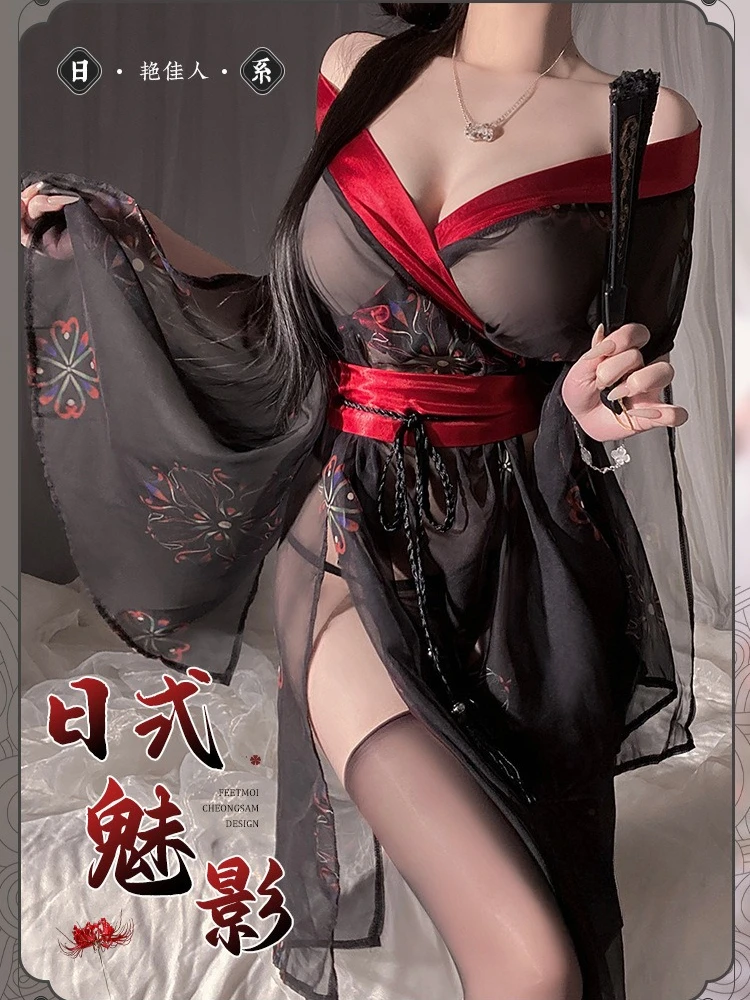 

Printed Chiffon Sexy Japanese Kimono Bathrobe Belt Perspective Temptation Lingerie Traditional Style Robe Yukata Sakura Pajamas