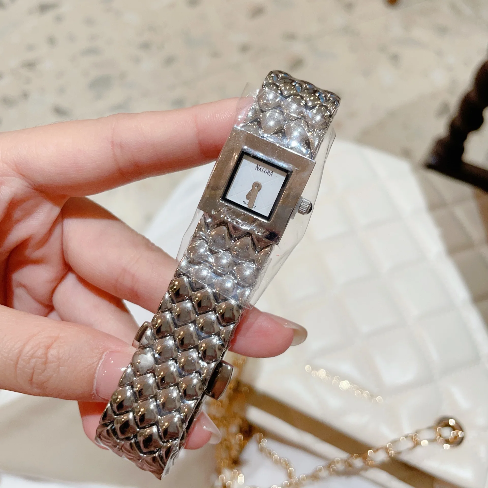 KAIRIS Women's Square Quartz Watch Black White Dial Chunky Metal Bracelet Rhinestone Bezel Luxury Fashion Wristwatch