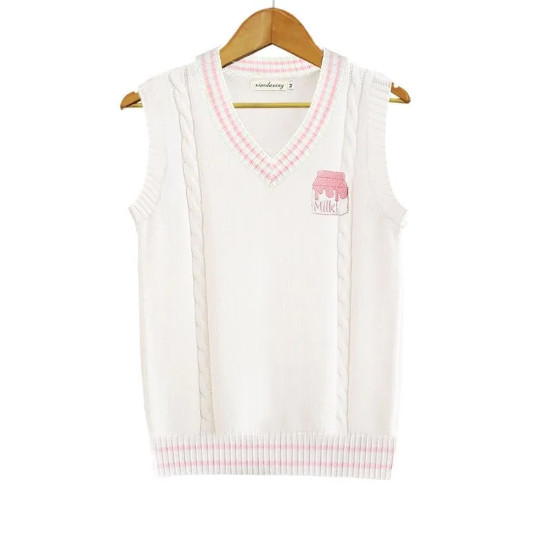 New Cute Cheese Embroidered College Style Japanese  JK Uniform Stripes Knitted Vest  japanese school uniform