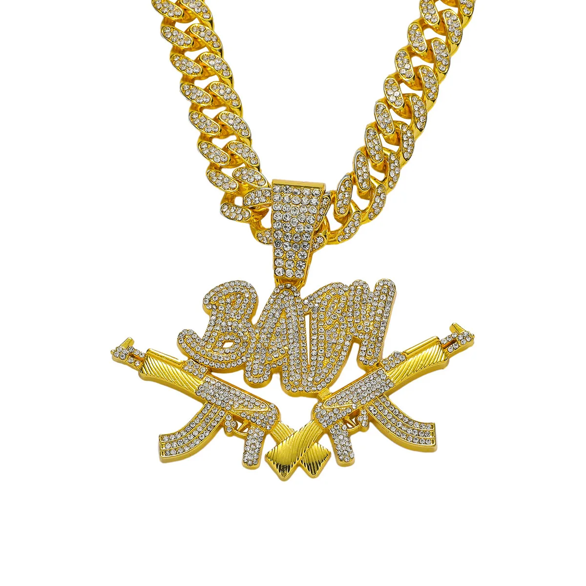 

New Men Hip Hop Iced Out Bling AK47 Gun Pendant Necklace with 13mm Miami Cuban Chain HipHop Letter BABY Necklace Fashion Jewelry