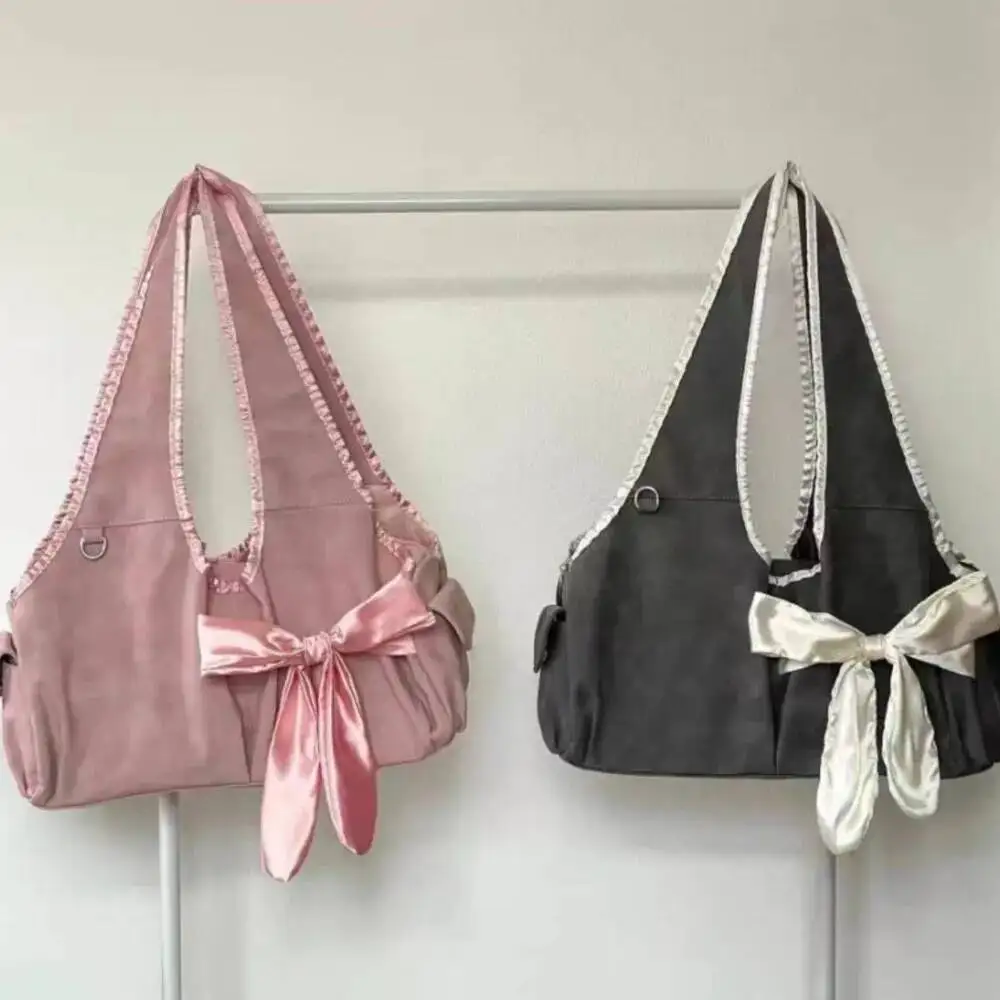 Bloom Haruku Large Capacity Tote Bag Women Fairycore Aesthetic Bow Chic Grey Handbag Female Vintage Cute Shoulder Bags New