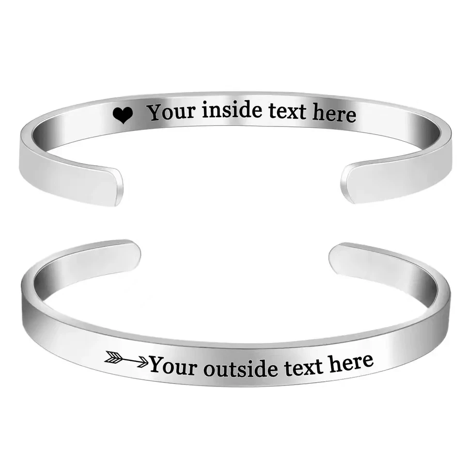 

Hot sell 6/8mm Glossy Stainless Steel Personalized Bracelets for Women Lover Double Side Engraved Custom Family Name Cuff Gifts