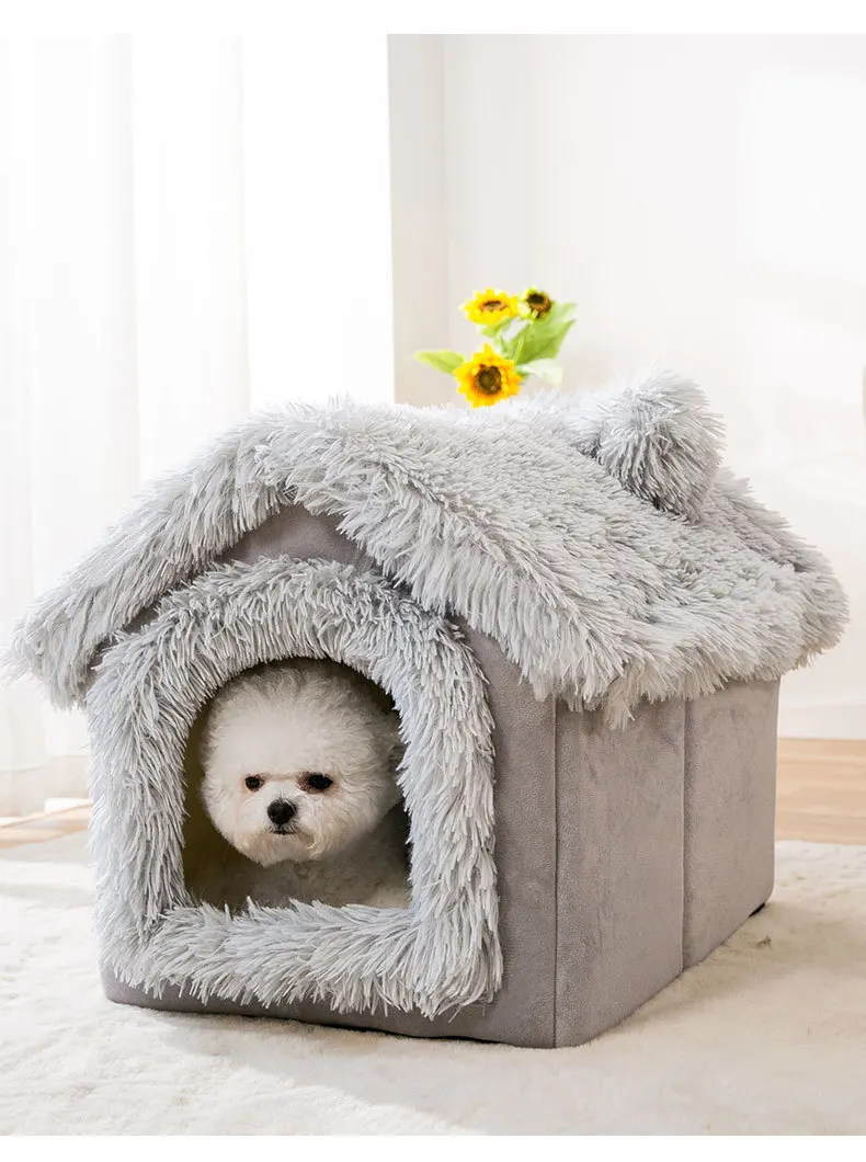Mittlere Hundehütte für den Innenbereich, weich, bequem, Welpenhaus, abnehmbares kleines Hundebett, Höhle, Winter, warme Haustier-Schlafmatte, tragbar – Detail 4