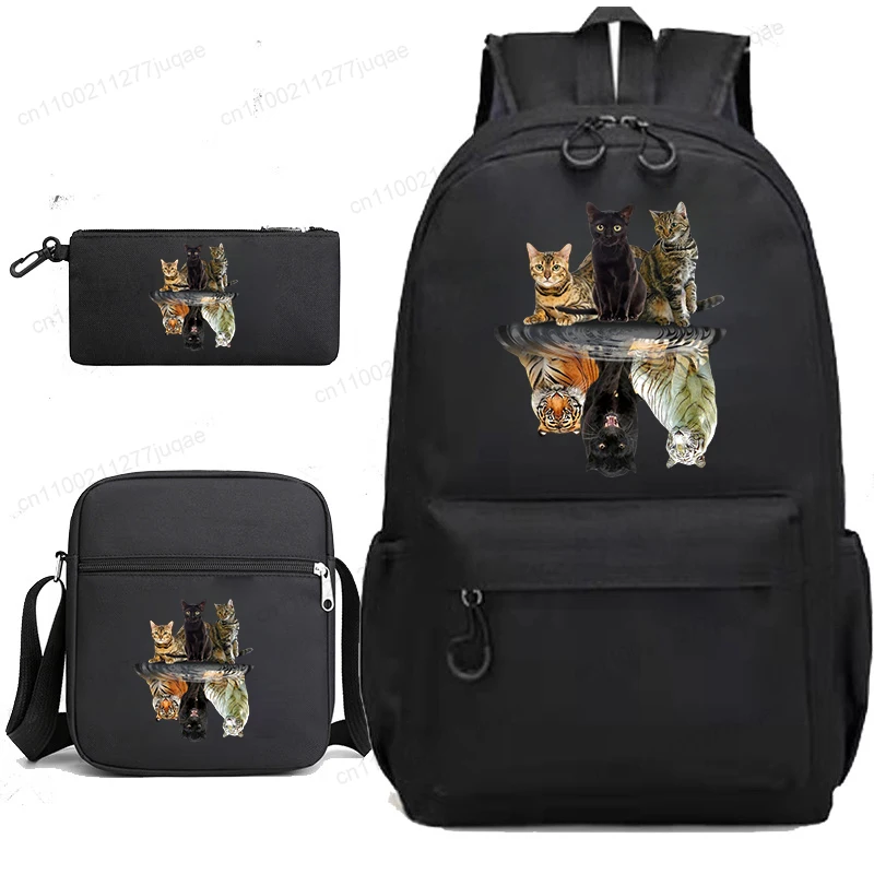 かわいい猫の漫画アニメガールボーイズスクールバッグ新学期バックパック黒バックパックティーンエイジャー用ショルダーランチバッグ3個セット