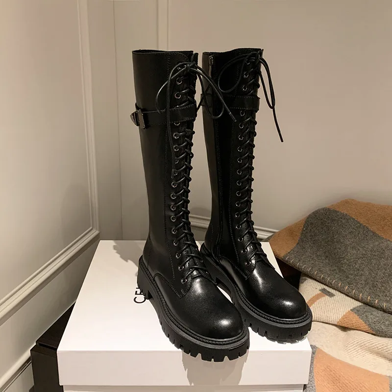 MKKHOU Fashion Knee-High Women Boots New High-Quality Leather Lace-up Platform Boots Street All-Match Martin Knight Boots